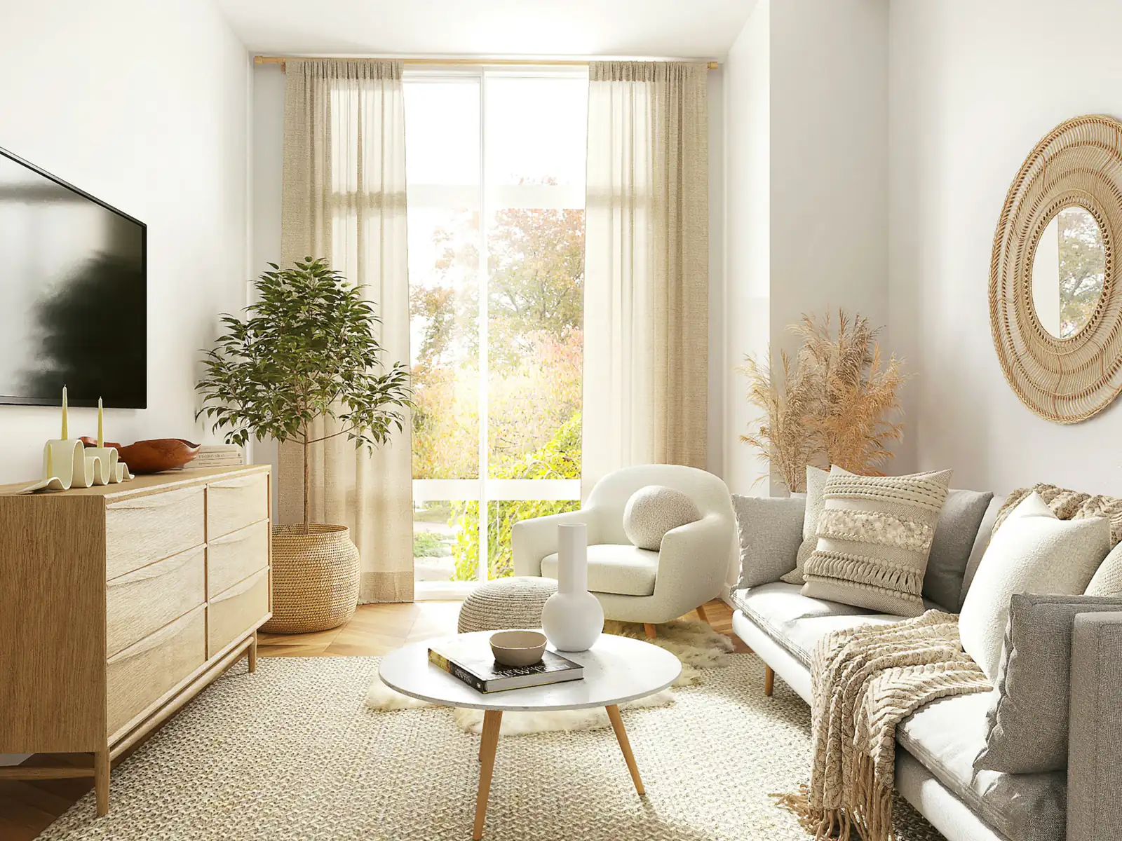 Lichte woonkamer met linnen gordijnen, een eiken dressoir en een ronde salontafel