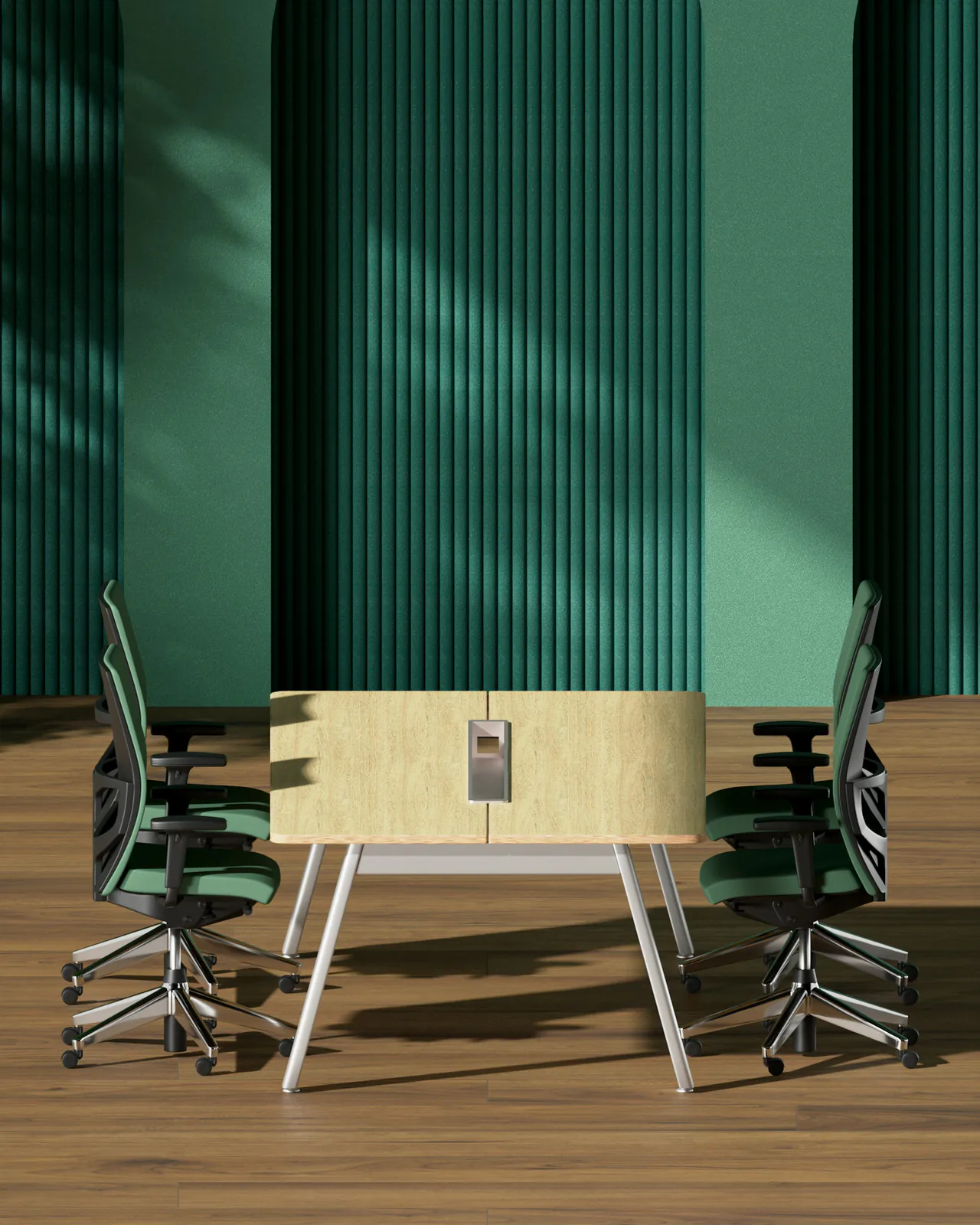 Vergaderruimte met groene akoestische wandpanelen en groene stoelen