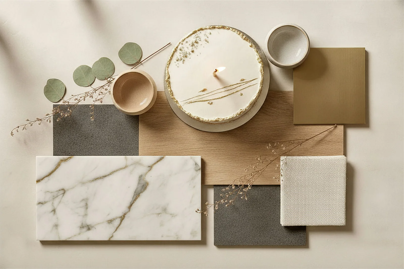 Moodboard met materiaalstalen: wit marmer met goudader, eikenfineer, grijze steen, geborsteld messing en linnen, met een kaars en eucalyptus
